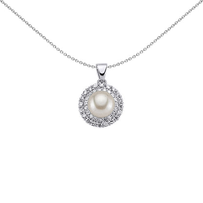 Silver  CZ Pearl Halo Pendant Necklace 8mm 18 inch - GVP290