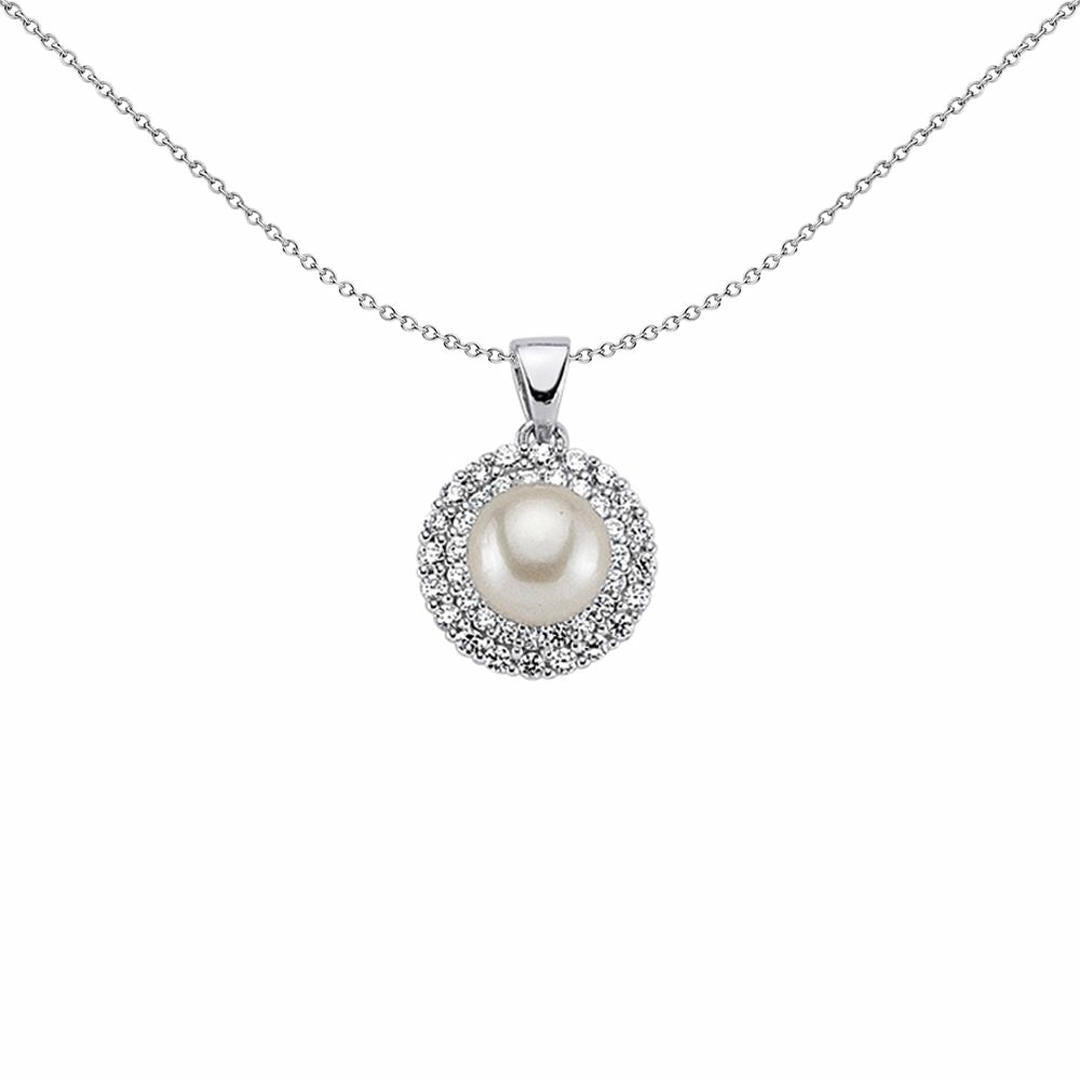 Silver  CZ Pearl Halo Pendant Necklace 8mm 18 inch - GVP290