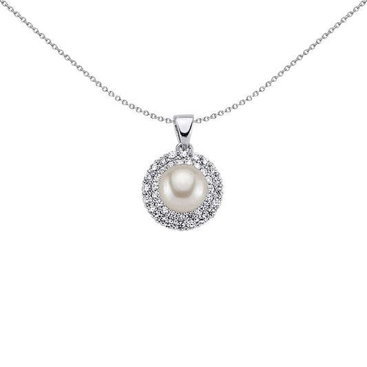 Silver  CZ Pearl Halo Pendant Necklace 8mm 18 inch - GVP290