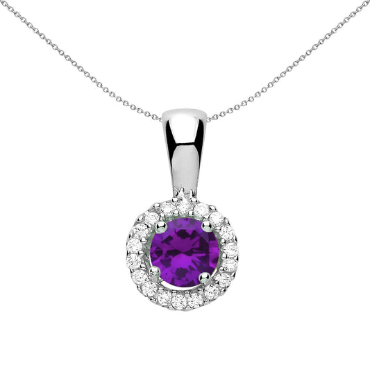 Sterling Silver  Purple CZ Solitaire Halo Pendant Necklace 18 inch - GVP292AM