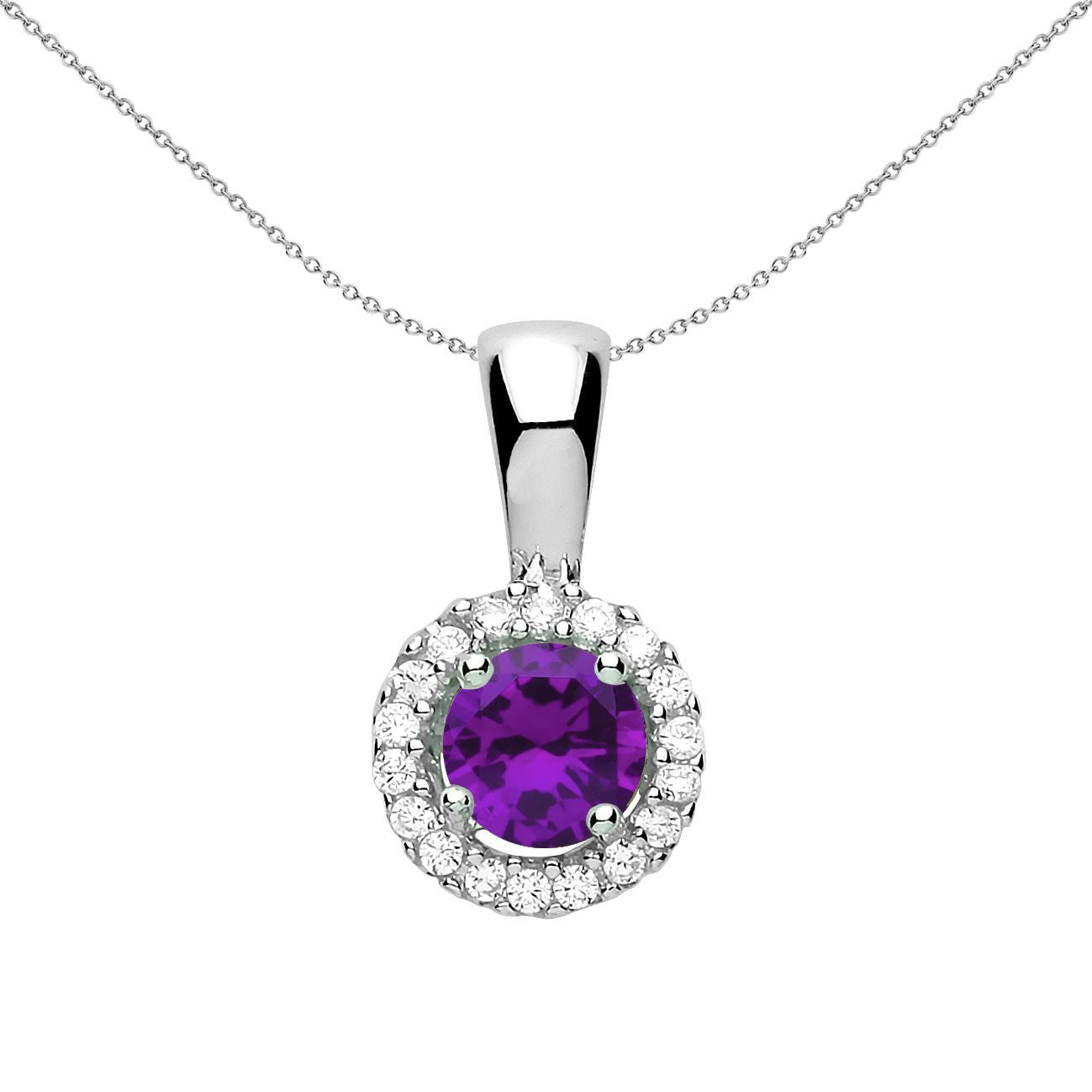 Sterling Silver  Purple CZ Solitaire Halo Pendant Necklace - GVP292AM