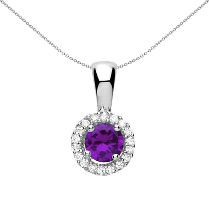 Sterling Silver  Purple CZ Solitaire Halo Pendant Necklace - GVP292AM