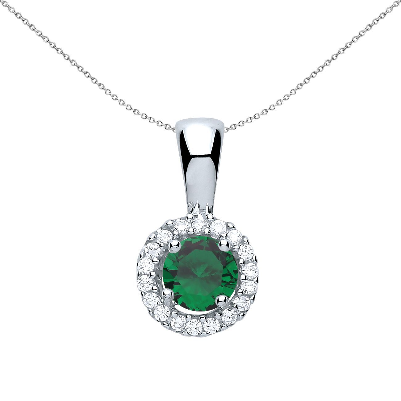 Sterling Silver  Green CZ Solitaire Halo Pendant Necklace - GVP292EM