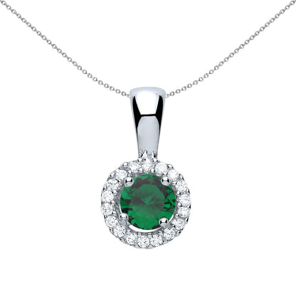 Sterling Silver  Green CZ Solitaire Halo Pendant Necklace 18 inch - GVP292EM