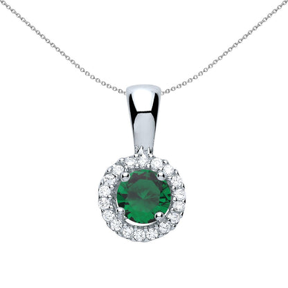 Sterling Silver  Green CZ Solitaire Halo Pendant Necklace - GVP292EM