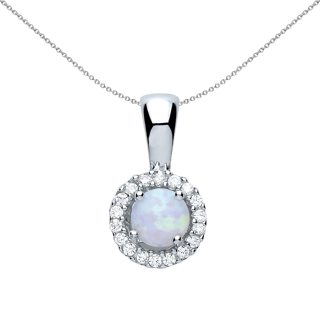 Silver  Opal Halo Cluster Pendant Necklace 18 inch - GVP292OPAL