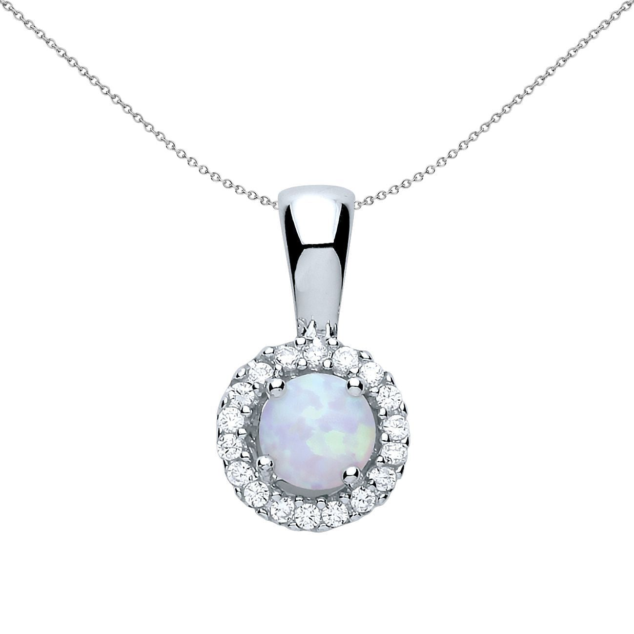 Silver  Opal Halo Cluster Pendant Necklace - GVP292OPAL