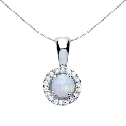 Silver  Opal Halo Cluster Pendant Necklace 18 inch - GVP292OPAL