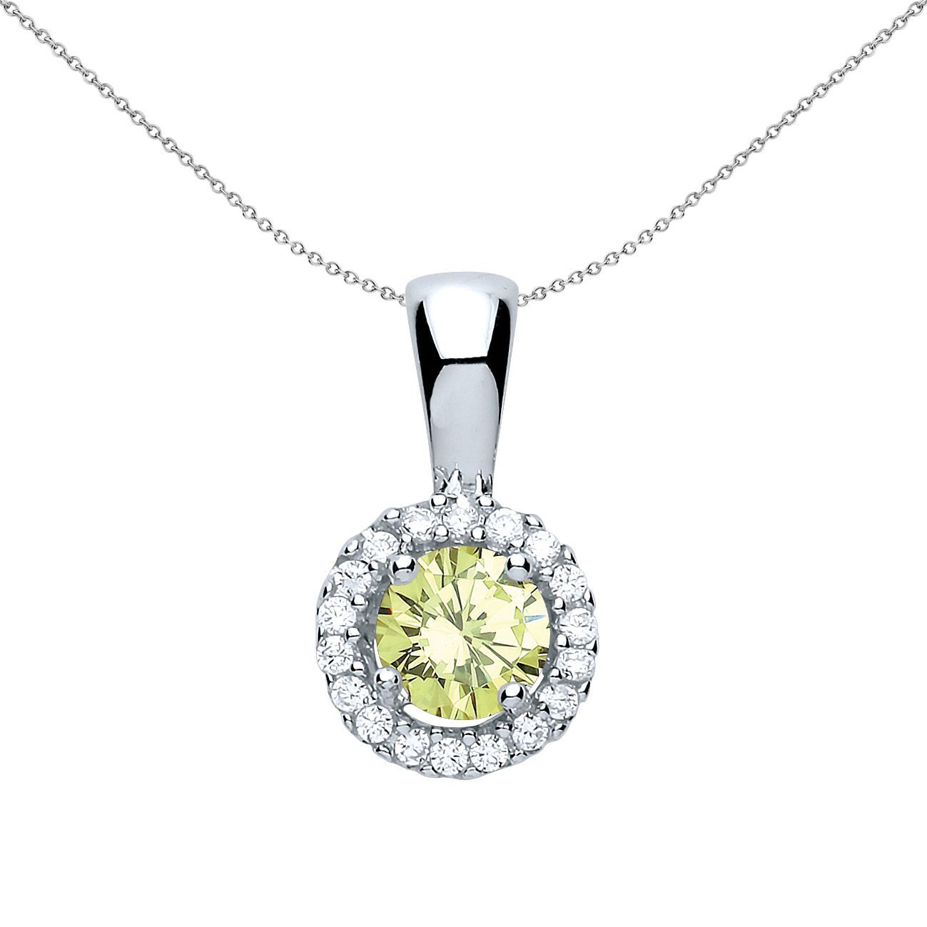 Sterling Silver  Green CZ Solitaire Halo Pendant Necklace - GVP292PER