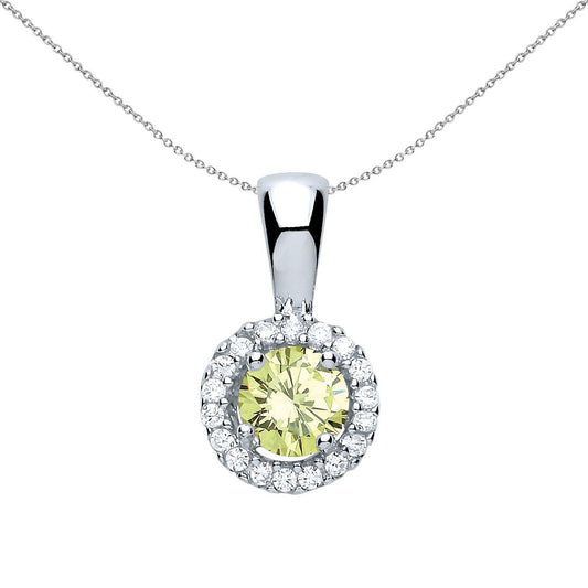 Sterling Silver  Green CZ Solitaire Halo Pendant Necklace - GVP292PER