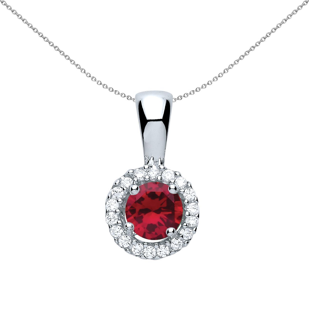 Sterling Silver  Red CZ Solitaire Halo Pendant Necklace - GVP292RUB