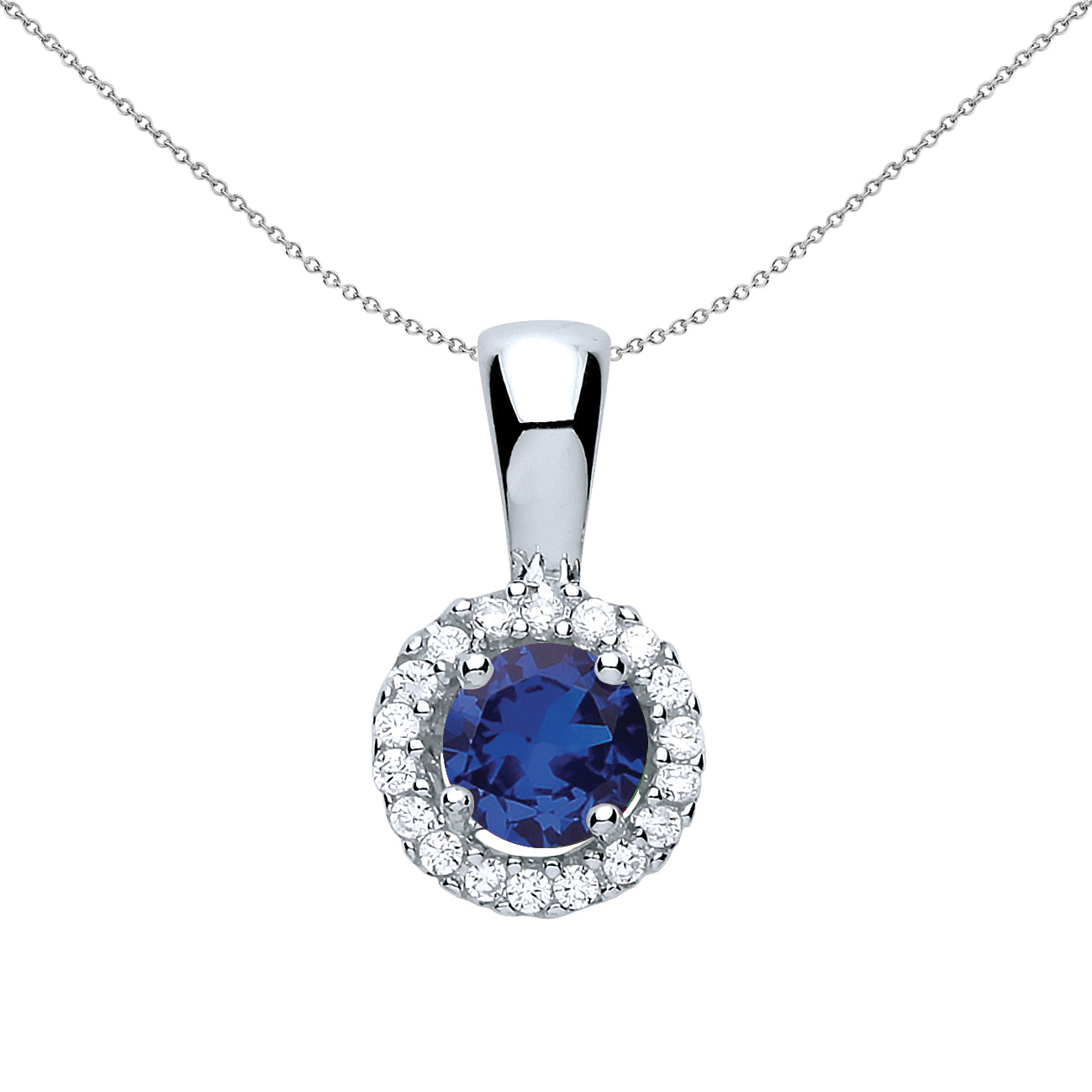 Sterling Silver  Blue CZ Solitaire Halo Pendant Necklace 18 inch - GVP292SAP