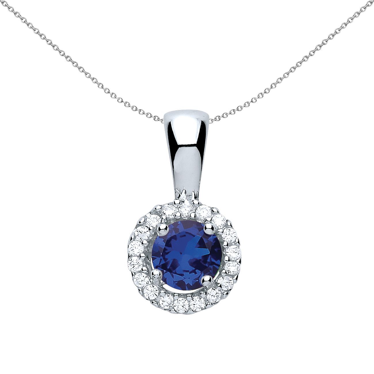 Sterling Silver  Blue CZ Solitaire Halo Pendant Necklace - GVP292SAP