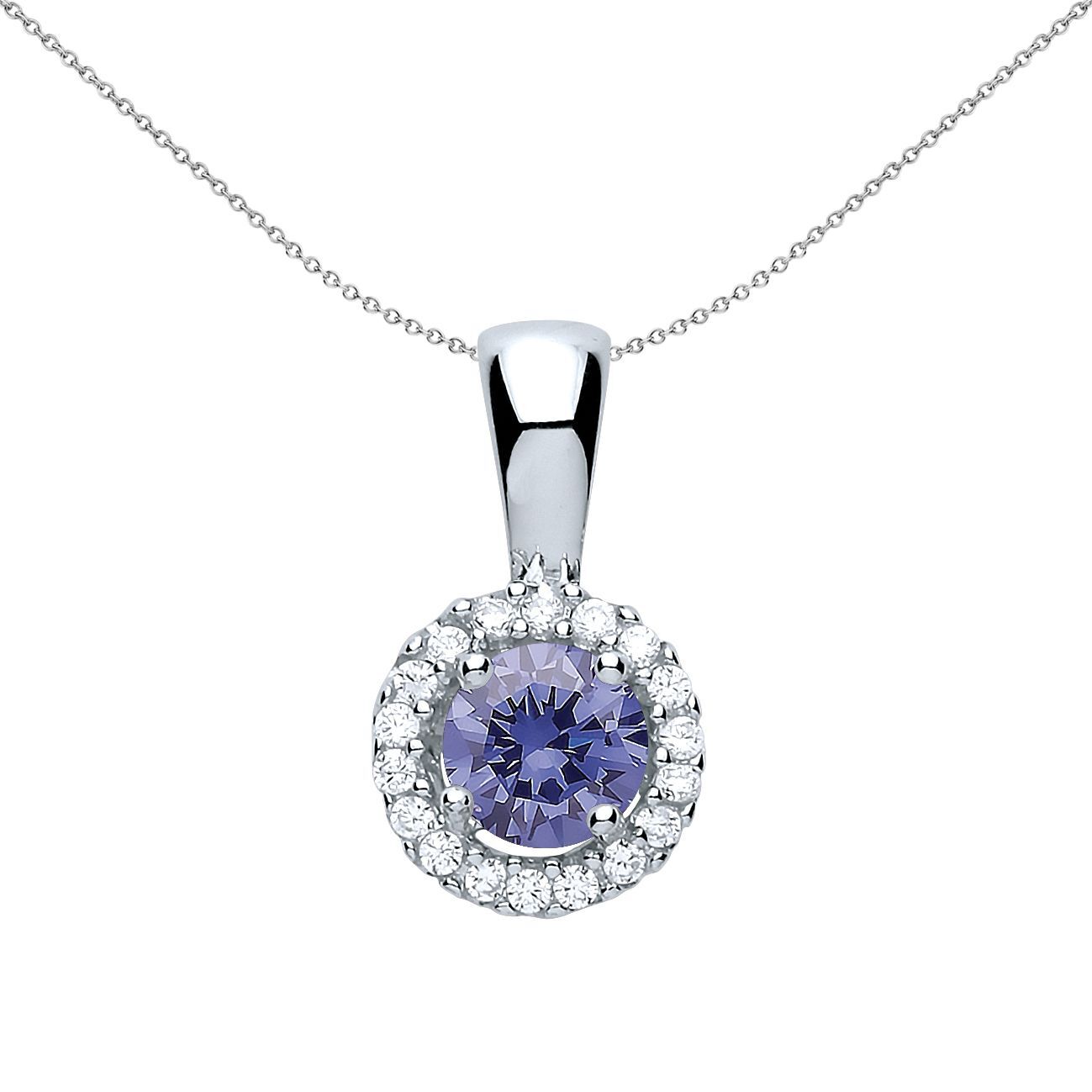 Sterling Silver  Lilac CZ Solitaire Halo Pendant Necklace - GVP292TAN
