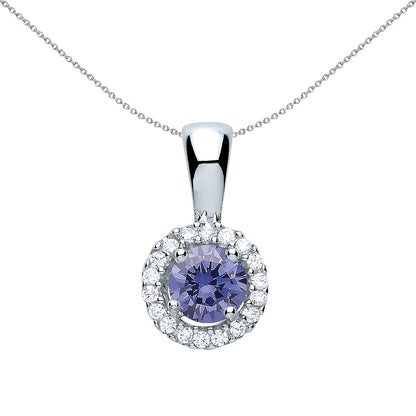 Sterling Silver  Lilac CZ Solitaire Halo Pendant Necklace - GVP292TAN