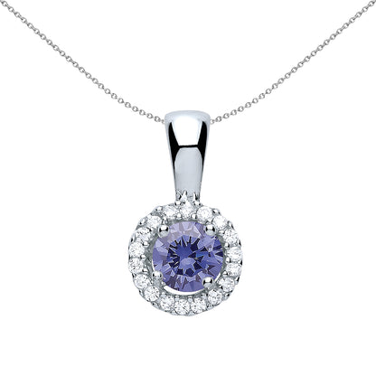 Sterling Silver  Lilac CZ Solitaire Halo Pendant Necklace 18 inch - GVP292TAN