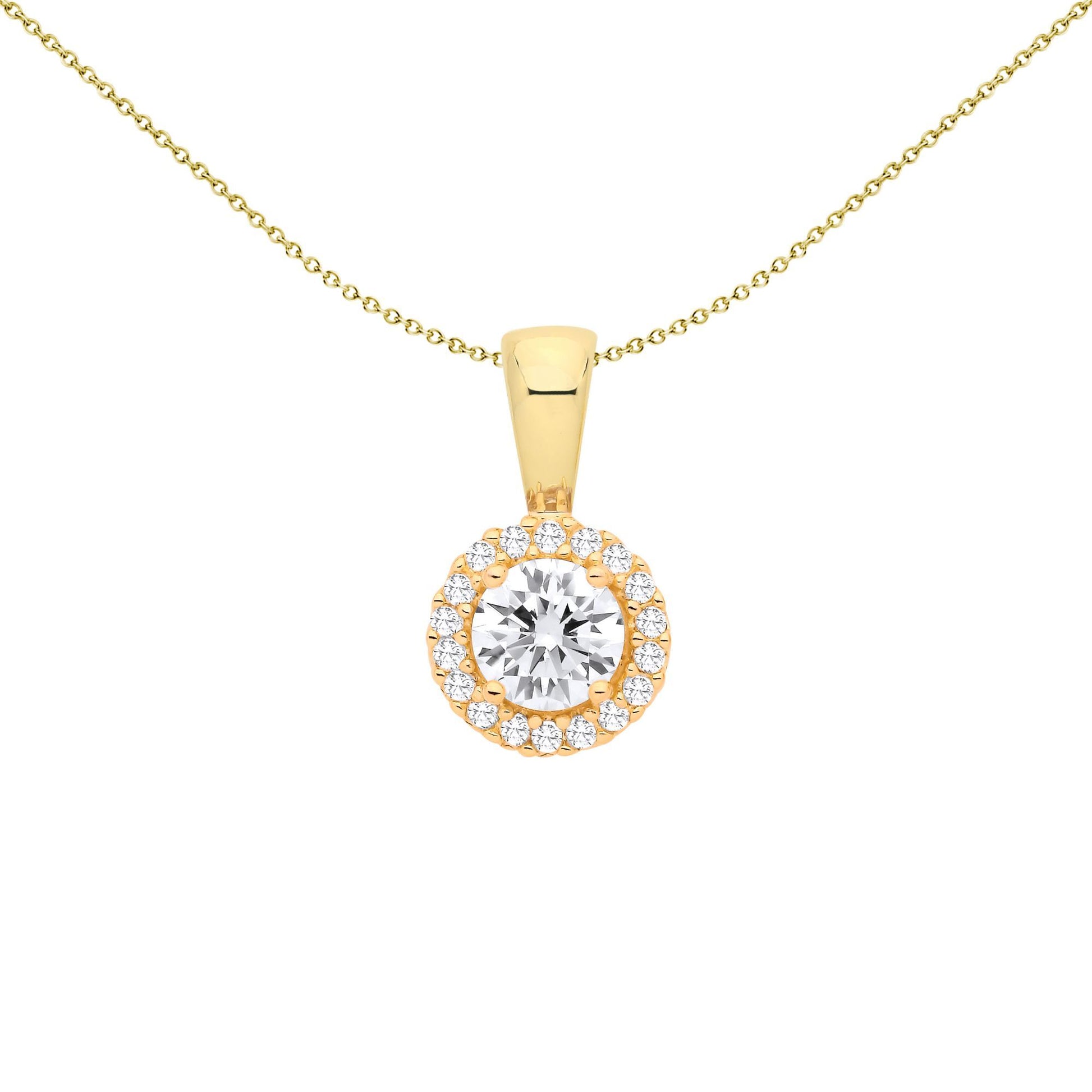 Gilded Sterling Silver  CZ Solitaire Halo Pendant Necklace - GVP292YG