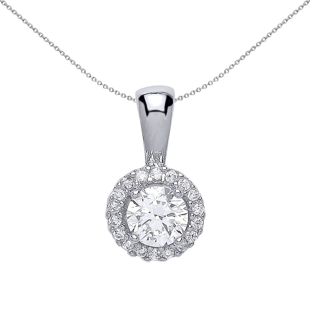 Silver  CZ Solitaire Halo Pendant Necklace - GVP292