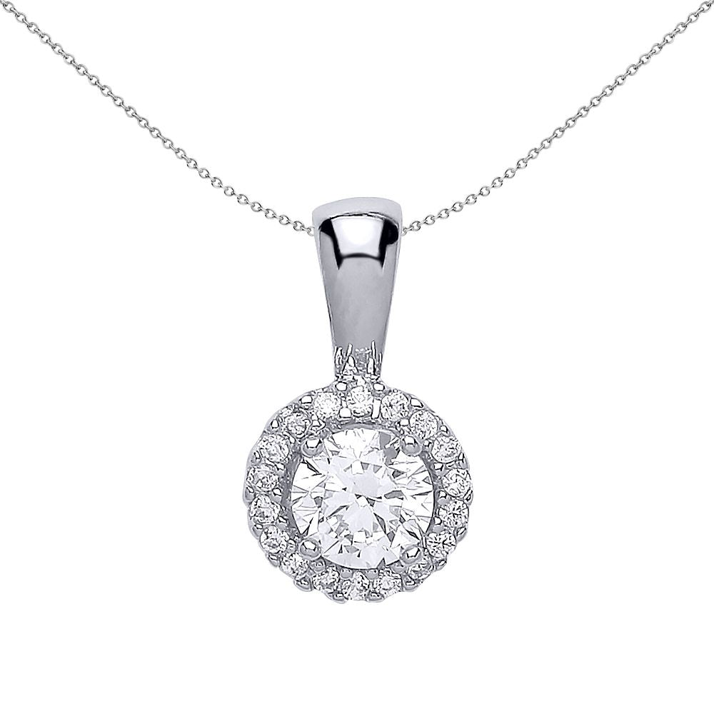 Silver  CZ Solitaire Halo Pendant Necklace 18 inch - GVP292