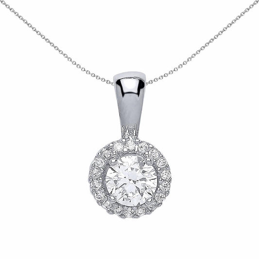 Silver  CZ Solitaire Halo Pendant Necklace 18 inch - GVP292