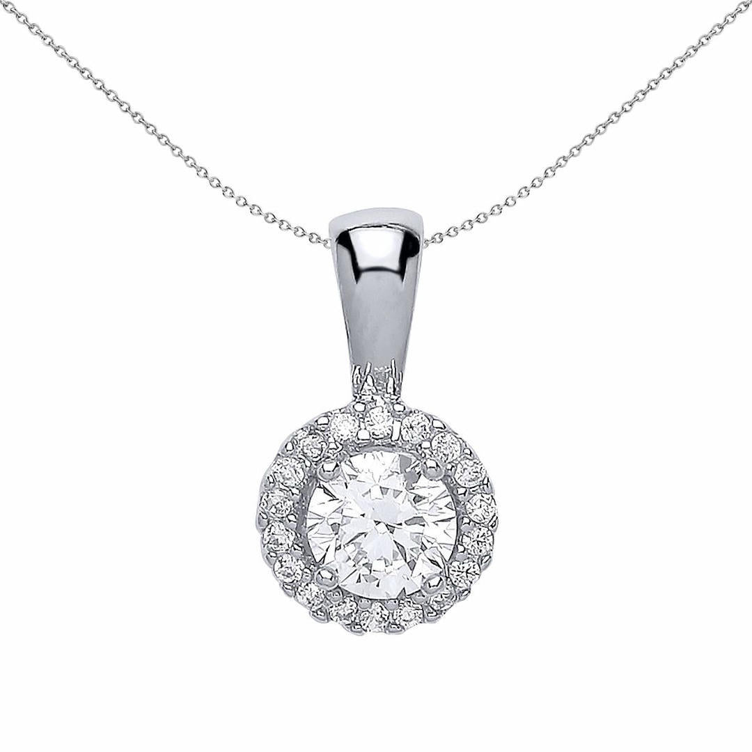 Silver  CZ Solitaire Halo Pendant Necklace 18 inch - GVP292