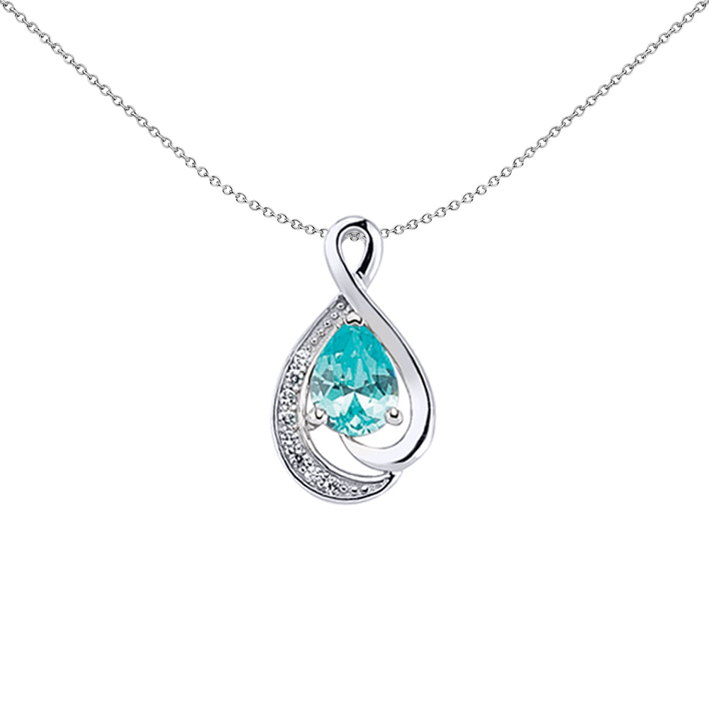 Silver  Light Blue Pear CZ Tear of Joy Pendant Necklace 18 inch - GVP301