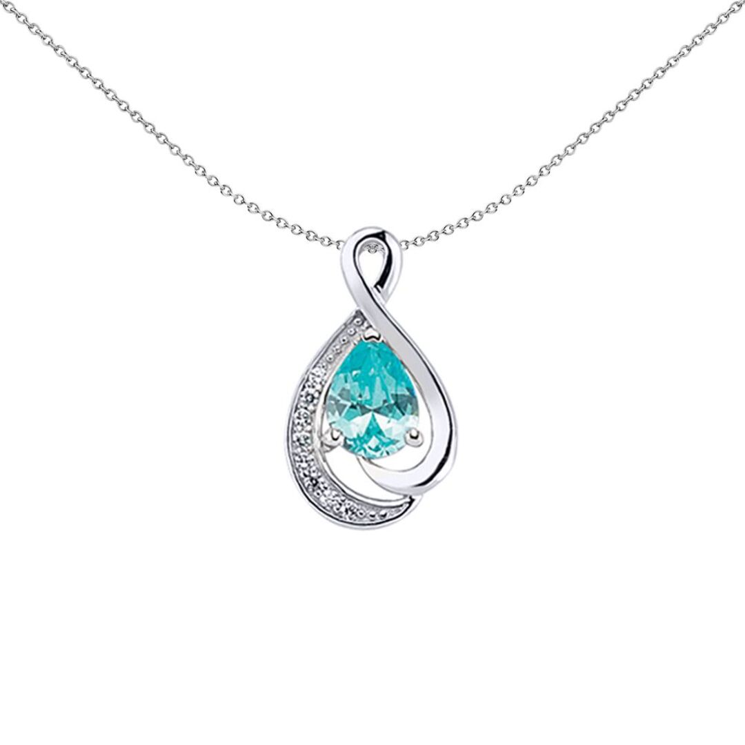 Silver  Light Blue Pear CZ Tear of Joy Pendant Necklace - GVP301