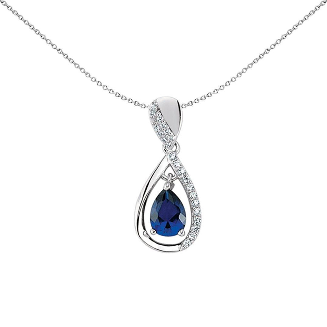 Silver  Blue Pear CZ Tears of Joy Pendant Necklace - GVP302