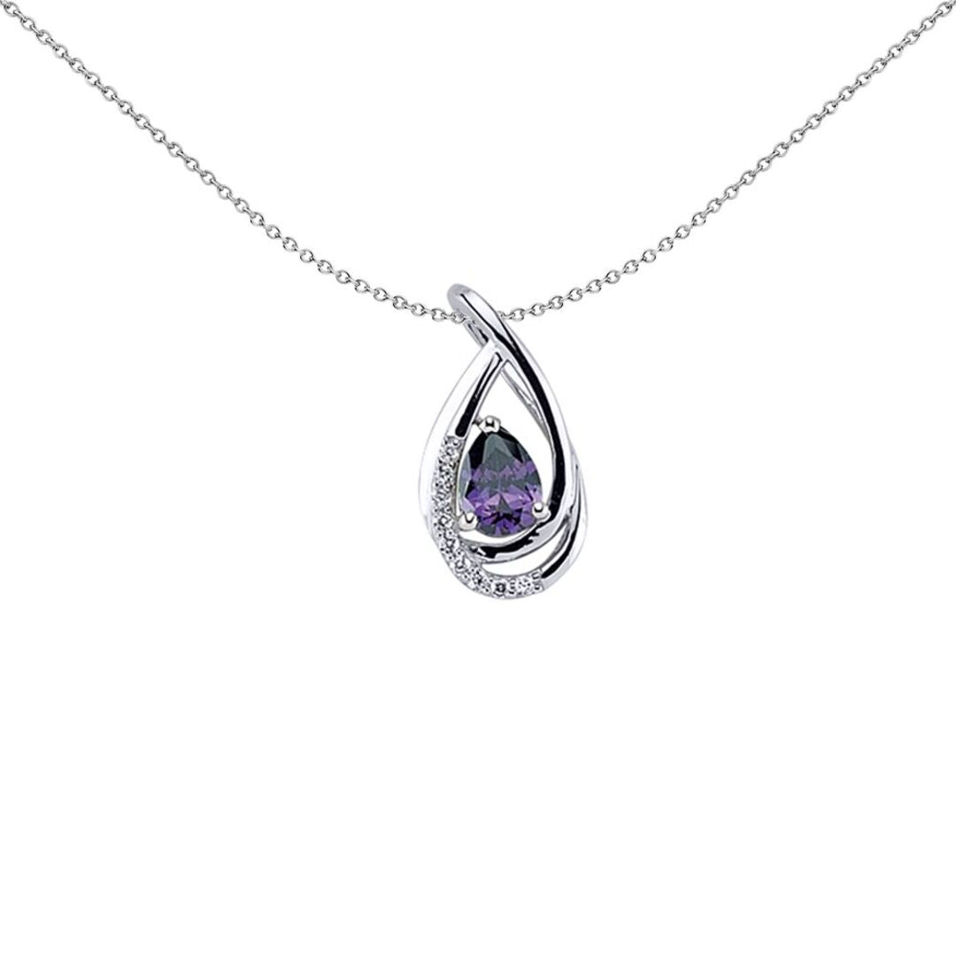 Silver  Purple Pear CZ Tear of Joy Pendant Necklace - GVP305