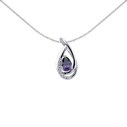 Silver  Purple Pear CZ Tear of Joy Pendant Necklace - GVP305