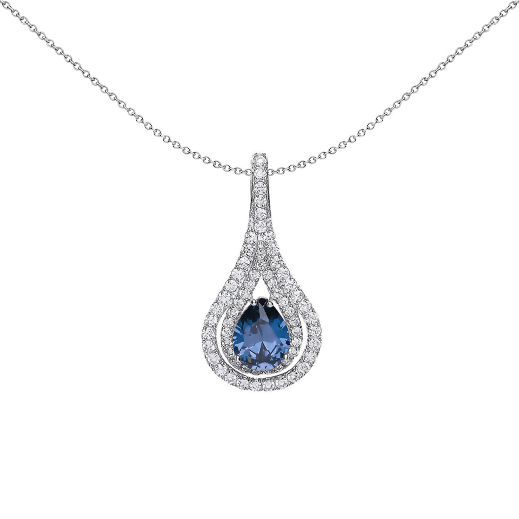 Silver  Blue Pear CZ Tear of Joy Pendant Necklace 18 inch - GVP319