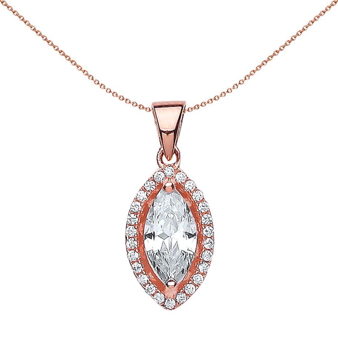 Rose Sterling Silver  Marquise CZ Cat's Eye Halo Charm Necklace - GVP320