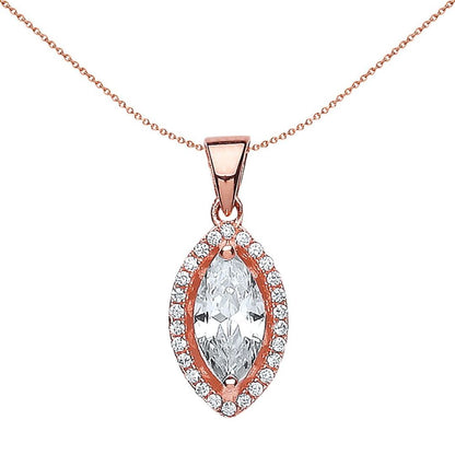 Rose Sterling Silver  Marquise CZ Cat's Eye Halo Charm Necklace - GVP320