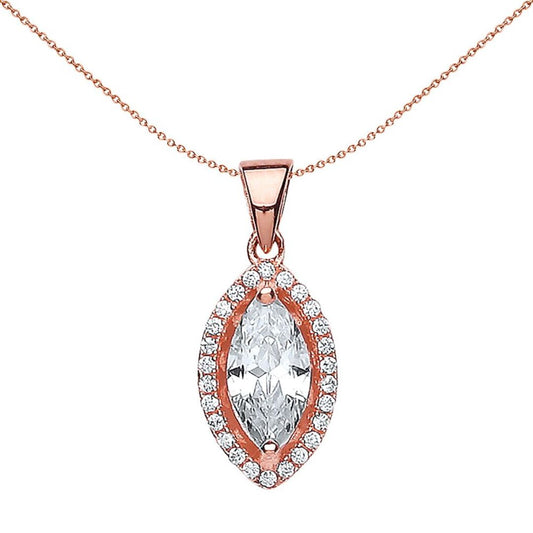 Rose Sterling Silver  Marquise CZ Cat's Eye Halo Charm Necklace - GVP320
