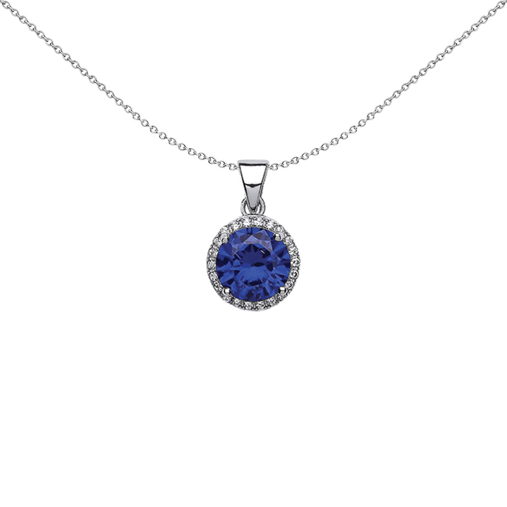 Silver  Blue CZ Halo Pendant Necklace 18 inch - GVP321