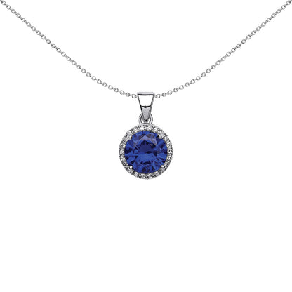 Silver  Blue CZ Halo Pendant Necklace 18 inch - GVP321