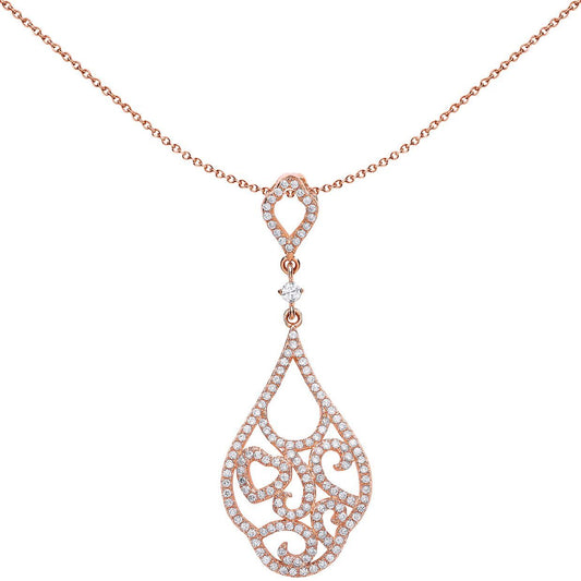 Rose Sterling Silver  CZ Baroque Floral Heart Pendant Necklace - GVP324