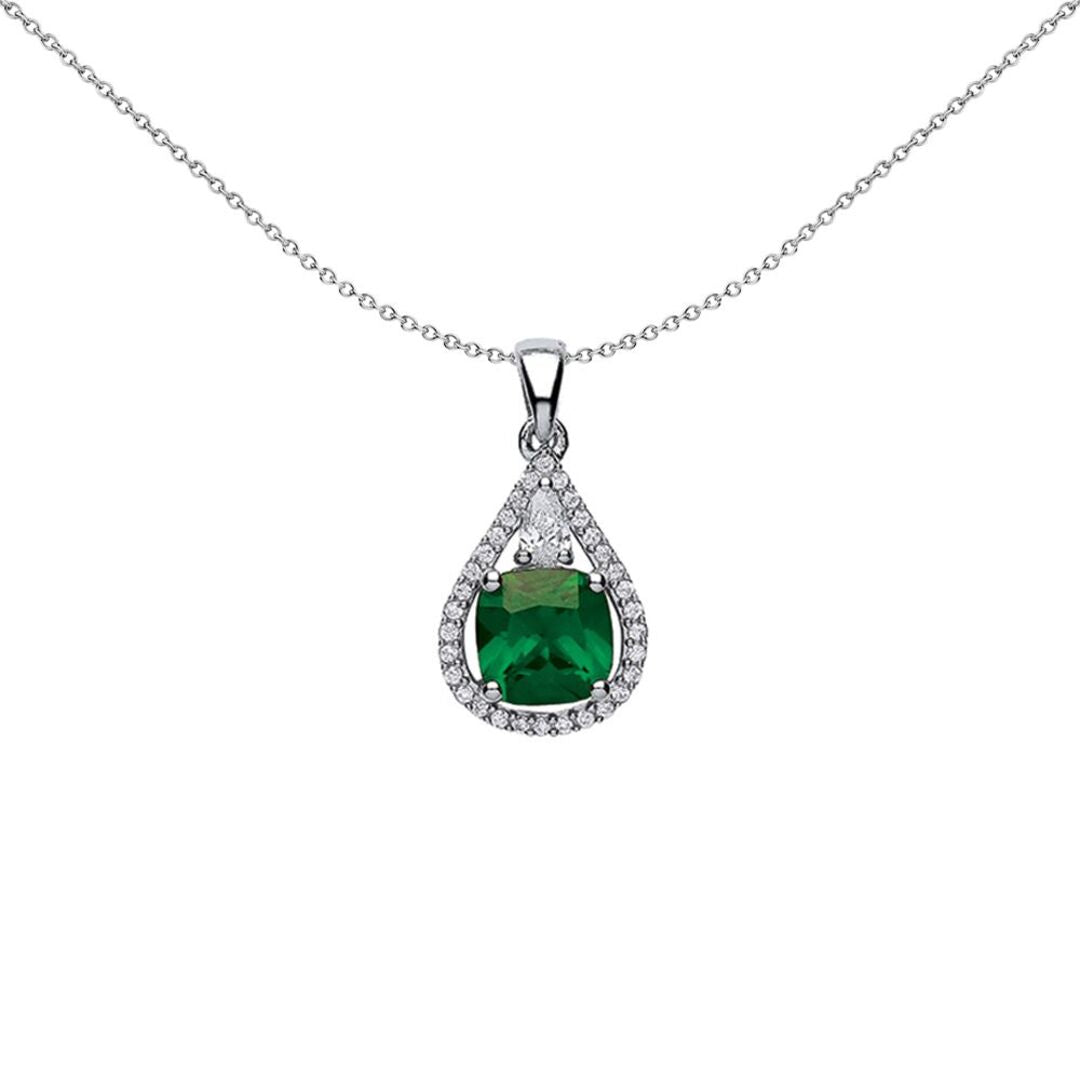 Silver  Green Cushion CZ Halo Teardrop Pendant Necklace - GVP334EM