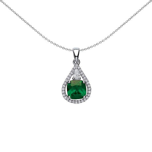 Silver  Green Cushion CZ Halo Teardrop Pendant Necklace - GVP334EM