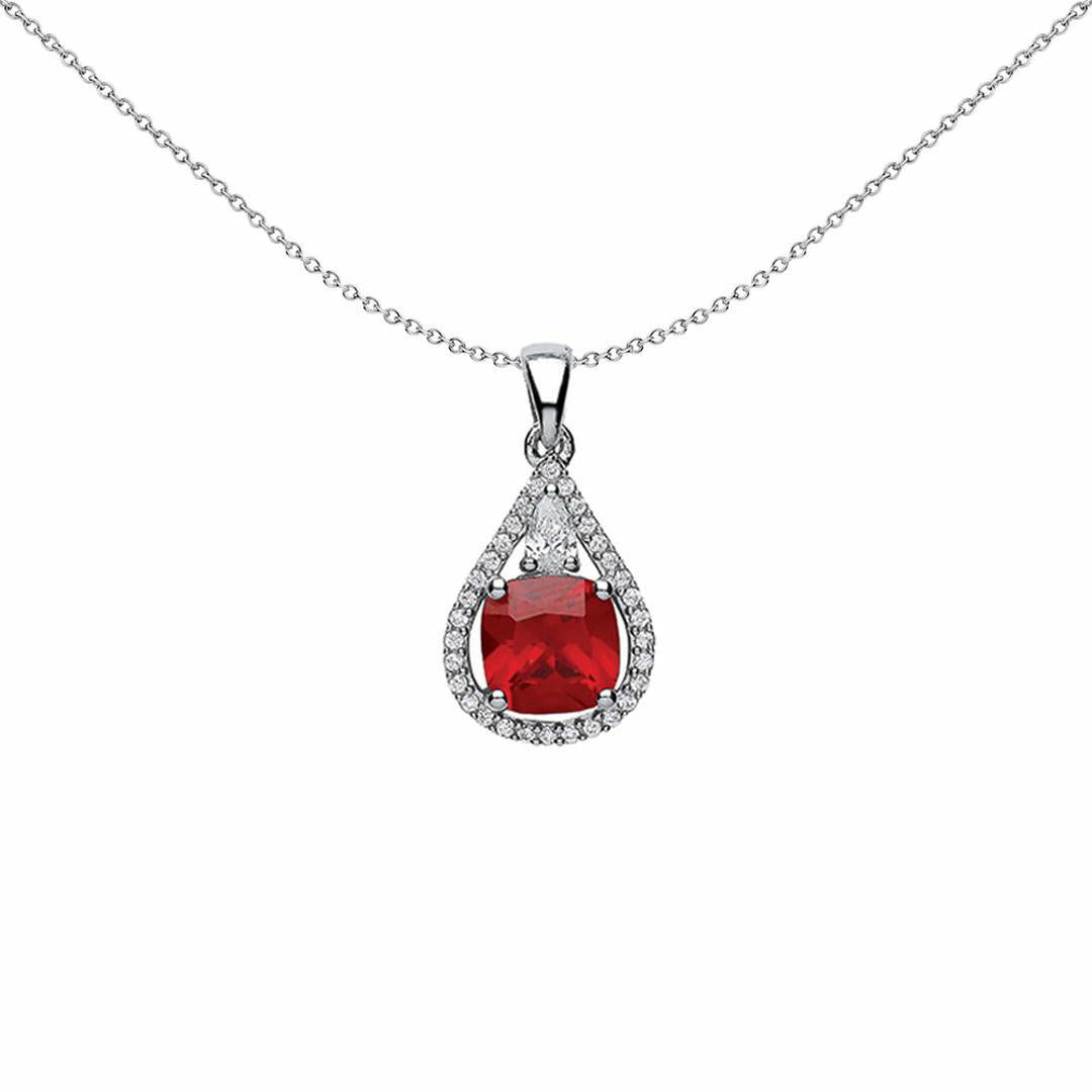 Silver  Red Cushion CZ Halo Teardrop Pendant Necklace 18 inch - GVP334RU