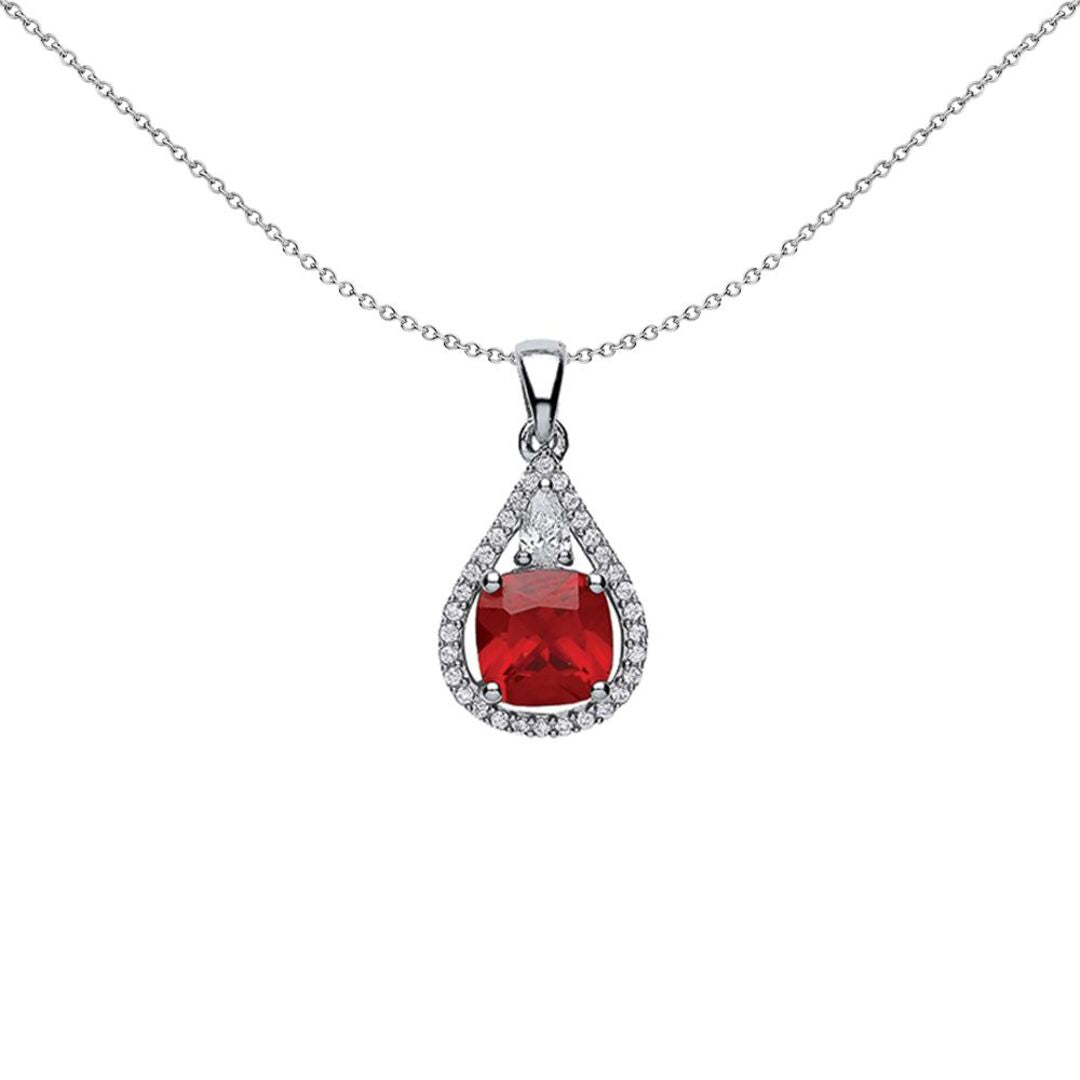 Silver  Red Cushion CZ Halo Teardrop Pendant Necklace - GVP334RU