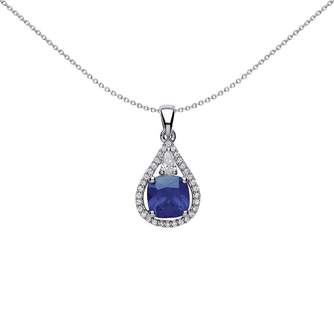 Silver  Purple Cushion CZ Halo Teardrop Pendant Necklace - GVP334TAN