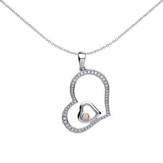 2-Colour Silver  CZ Floating Stone Heart Pendant Necklace 18 inch - GVP335