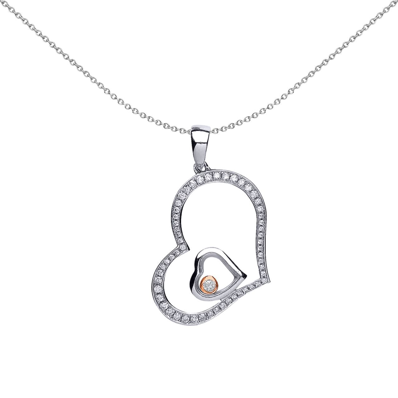 2-Colour Silver  CZ Floating Stone Heart Pendant Necklace - GVP335