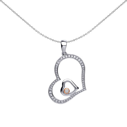 2-Colour Silver  CZ Floating Stone Heart Pendant Necklace - GVP335