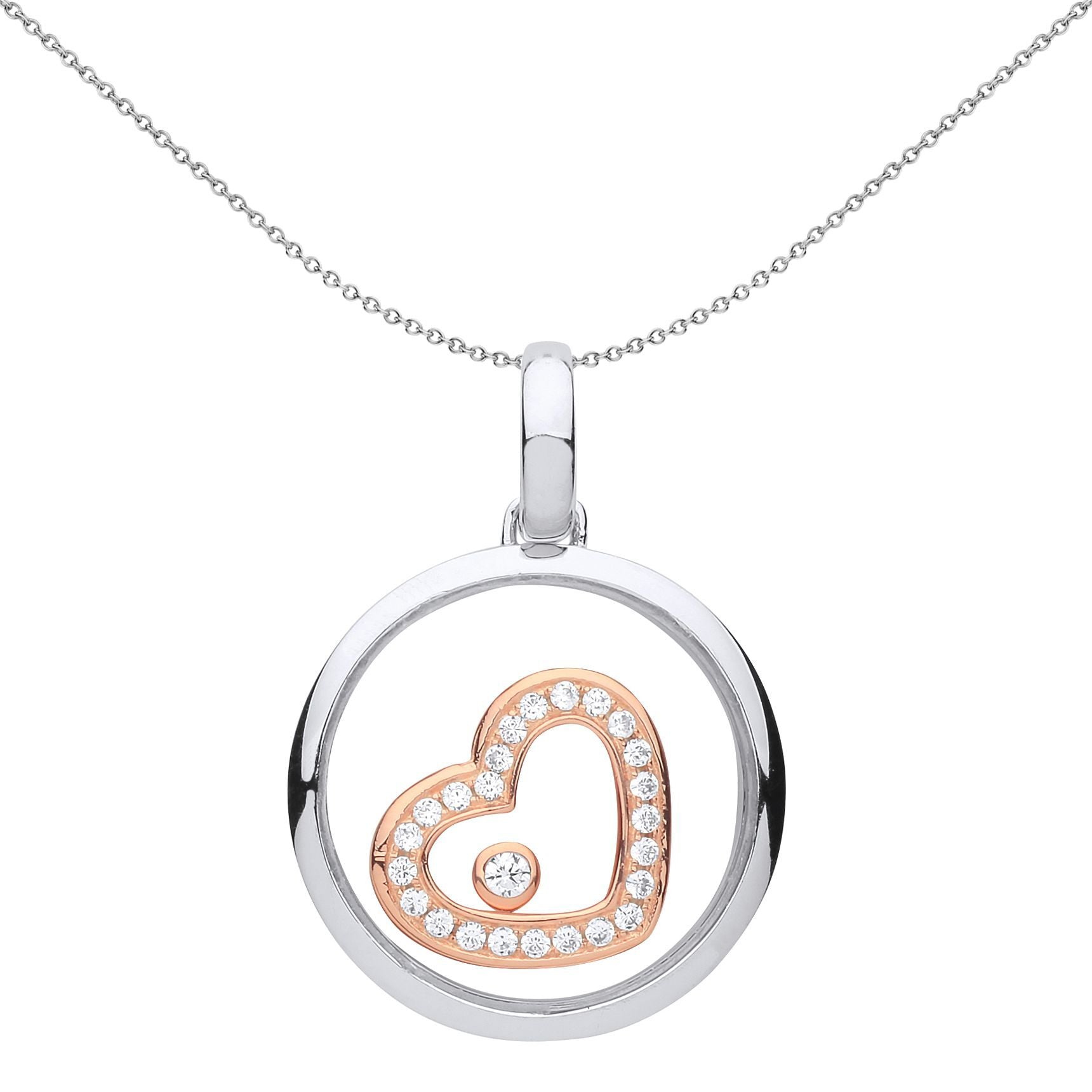 Rose Silver  CZ Floating Stone Heart Pendant Necklace - GVP336