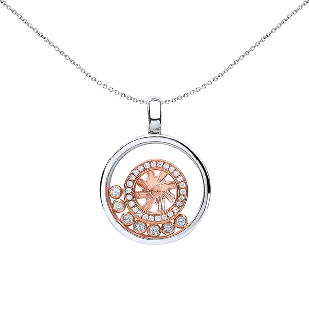 Rose Silver  CZ Floating Stone Alloy Wheel Pendant Necklace 18inch - GVP339