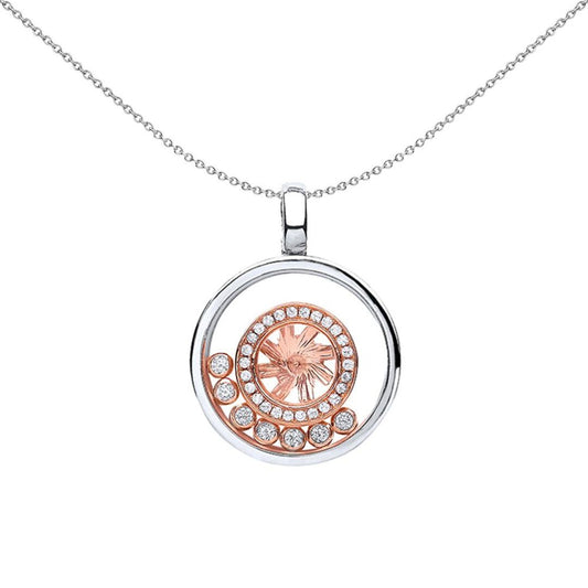 Rose Silver  CZ Floating Stone Alloy Wheel Pendant Necklace - GVP339
