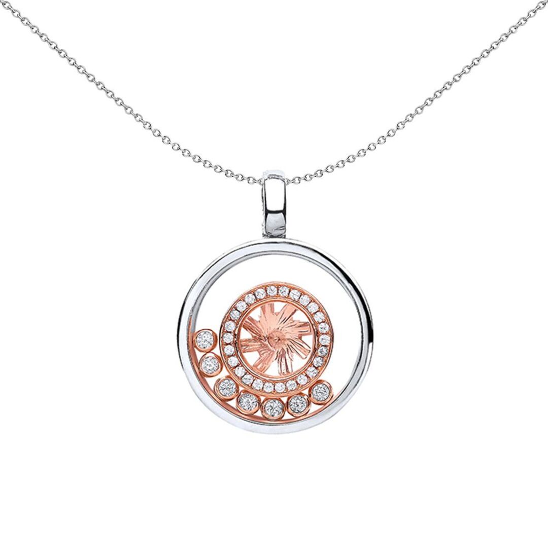 Rose Silver  CZ Floating Stone Alloy Wheel Pendant Necklace - GVP339