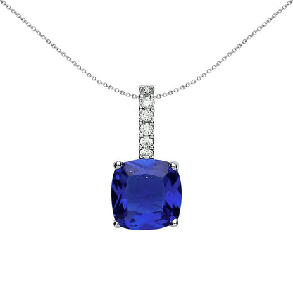 Silver  Blue Cushion CZ Drop Pendant Necklace 18 inch - GVP345